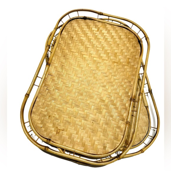 Other - Set of 2 Vintage Bamboo Woven Serving Trays 1950’s Mid Century Boho XL